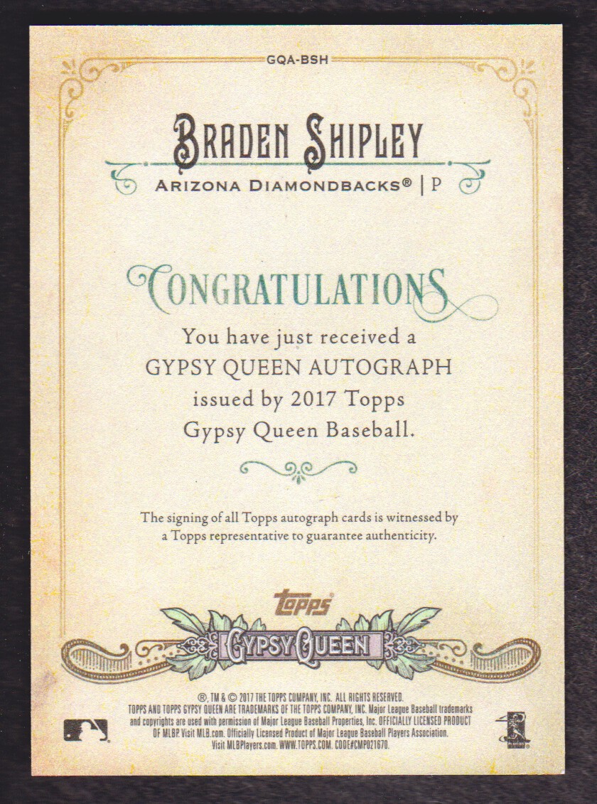 2017 Topps Gypsy Queen Autographs #GQABSH Braden Shipley back image