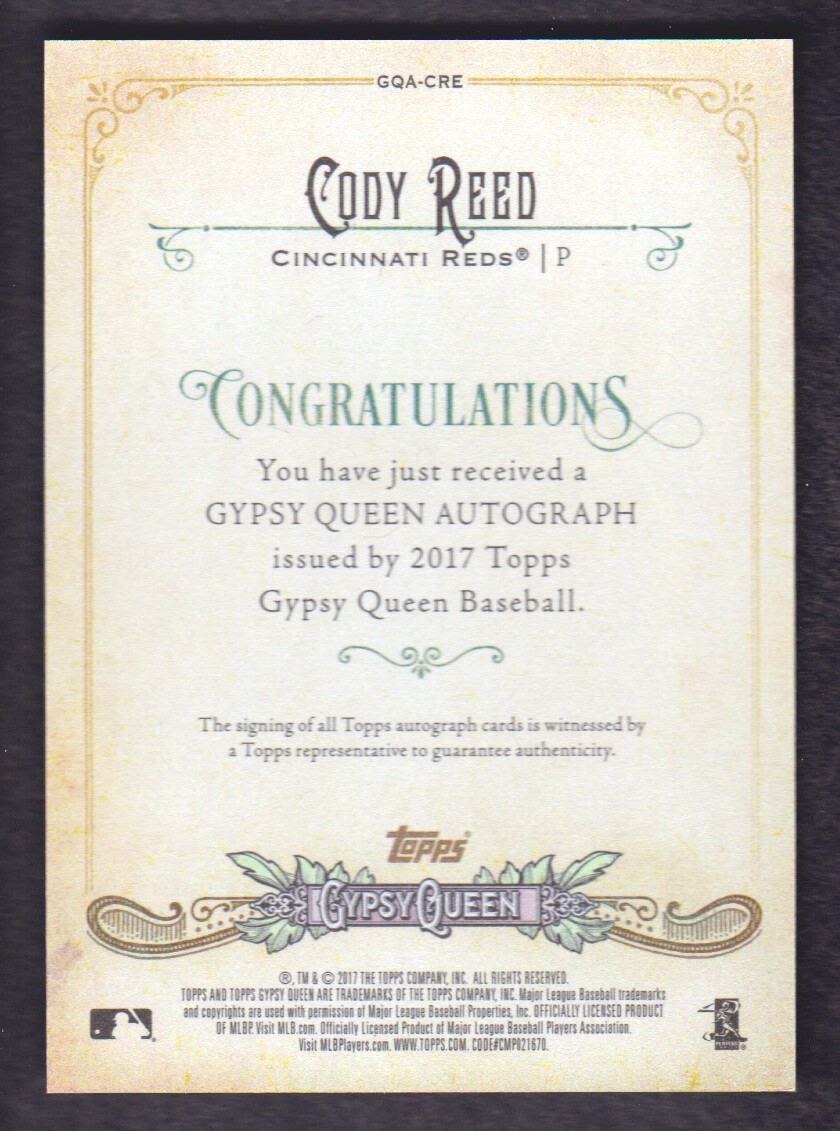 2017 Topps Gypsy Queen Autographs #GQACRE Cody Reed back image