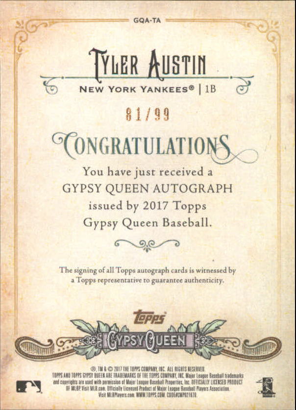 2017 Topps Gypsy Queen Autographs Black and White #GQATA Tyler Austin back image