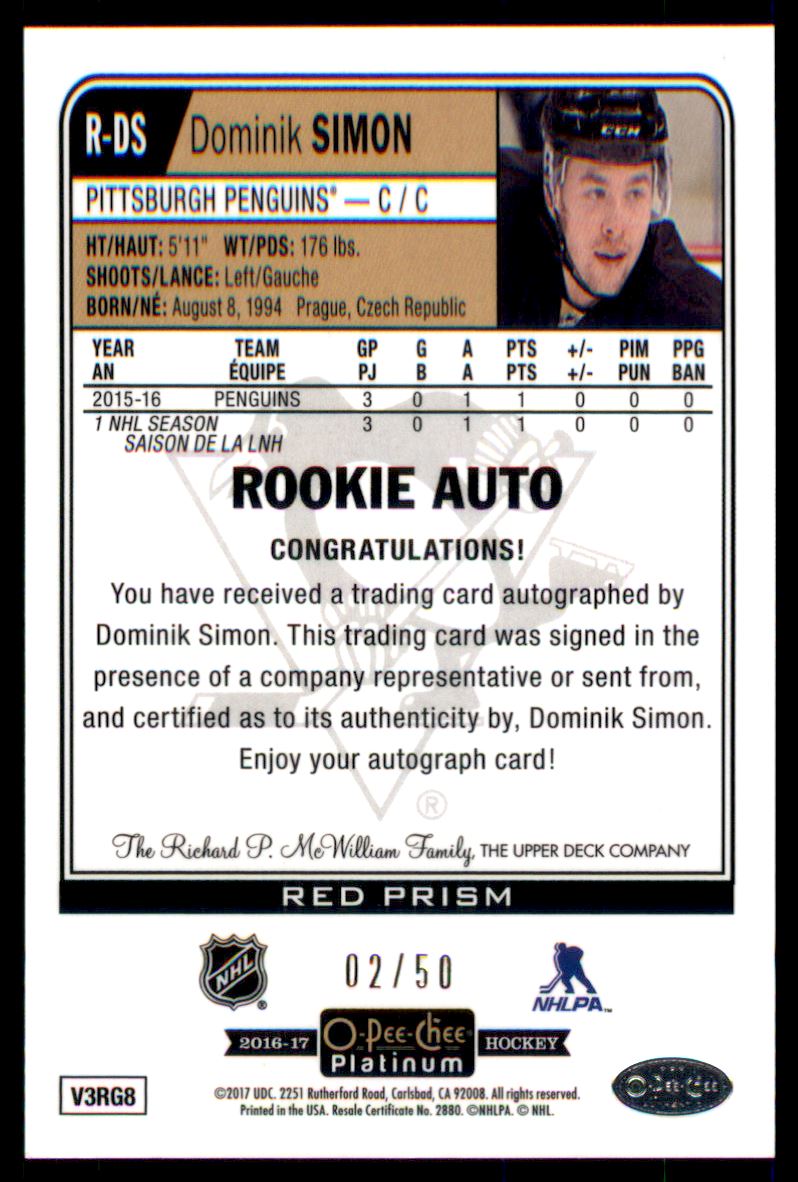 2016-17 O-Pee-Chee Platinum Rookie Autographs Red Prism #RDS Dominik Simon back image