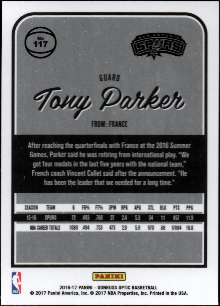 2016-17 Donruss Optic #117 Tony Parker back image