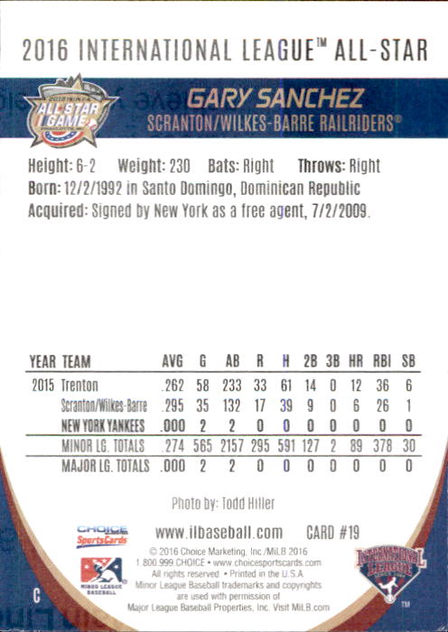2016 International League All-Stars Choice #19 Gary Sanchez back image