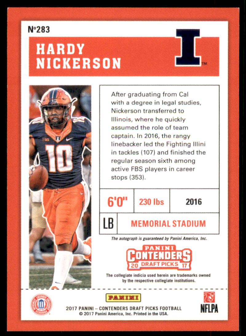 2017 Panini Contenders Draft Picks College Draft Ticket Blue Foil #283 Hardy Nickerson AU SP2 back image
