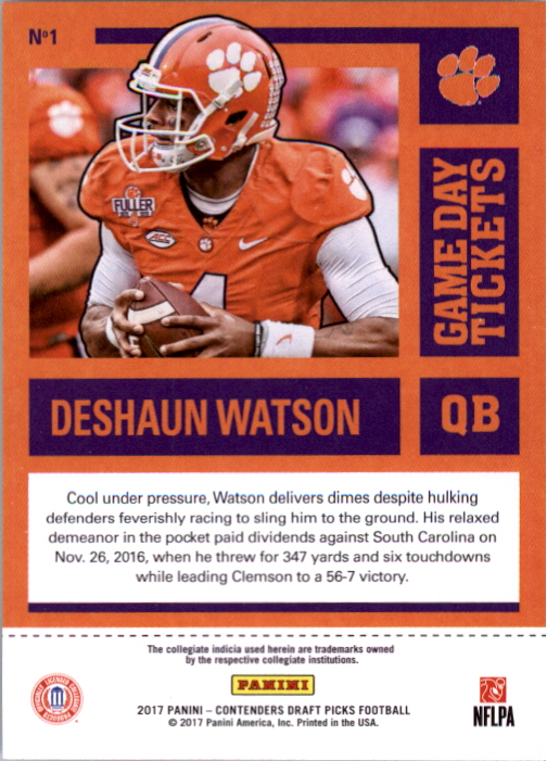 2017 Panini Contenders Draft Picks Game Day Tickets #1 Deshaun Watson