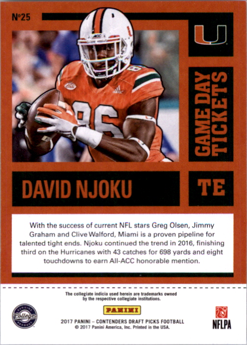 2017 Panini Contenders Draft Picks Game Day Tickets #25 David Njoku