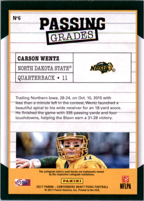 2017 Panini Contenders Draft Picks Passing Grades #6 Carson Wentz