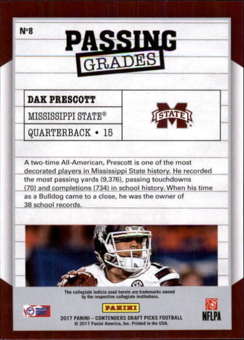 2017 Panini Contenders Draft Picks Passing Grades #8 Dak Prescott