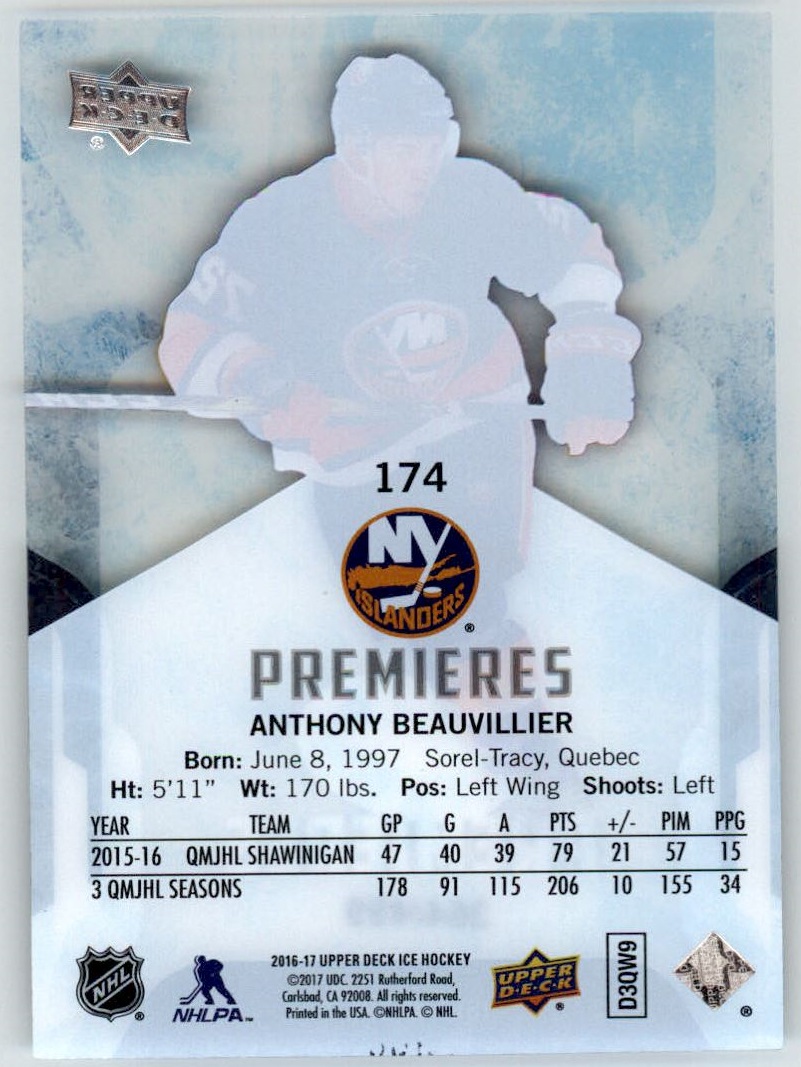 2016-17 Upper Deck Ice #174 Anthony Beauvillier RC back image