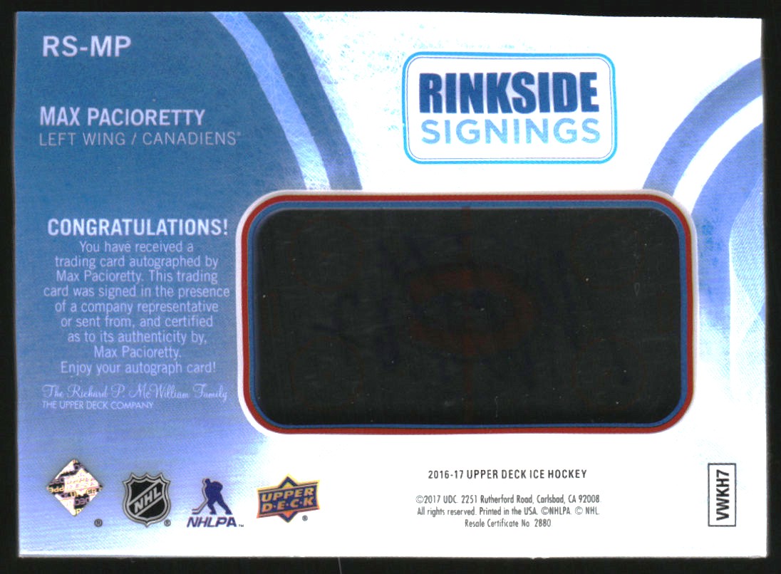 2016-17 Upper Deck Ice Rinkside Signings #RSMP Max Pacioretty