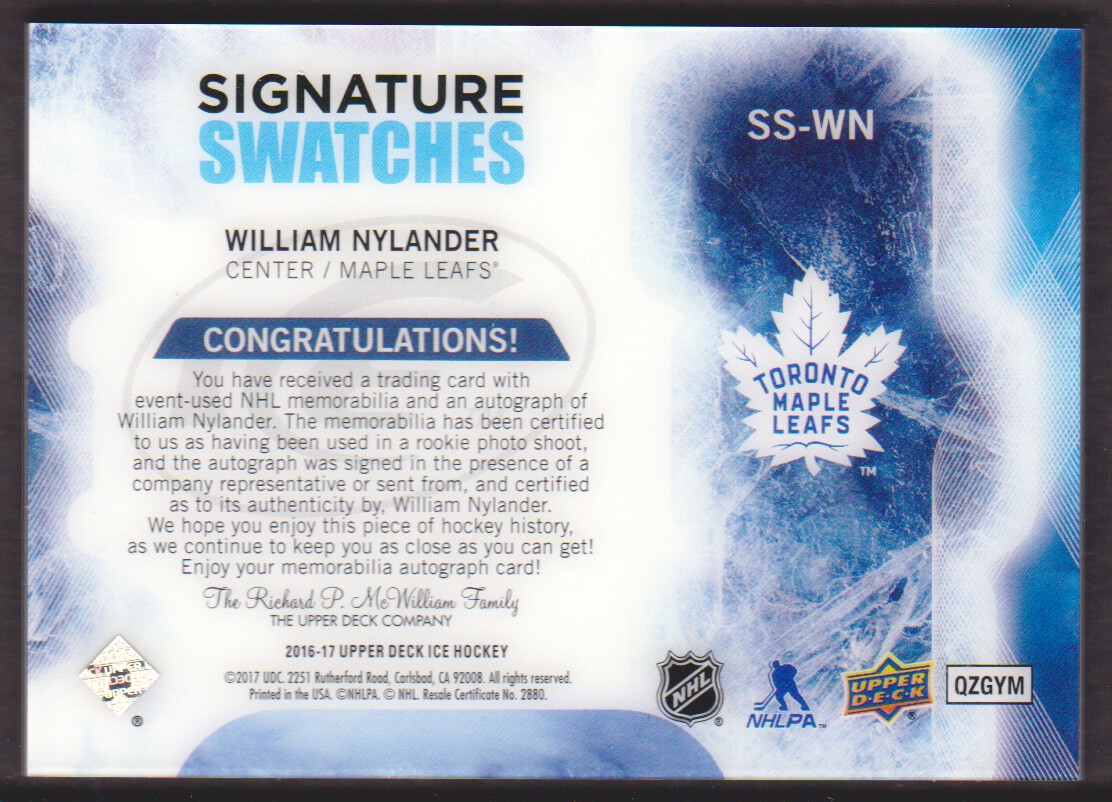 2016-17 Upper Deck Ice Signature Swatches #SSWN William Nylander C back image