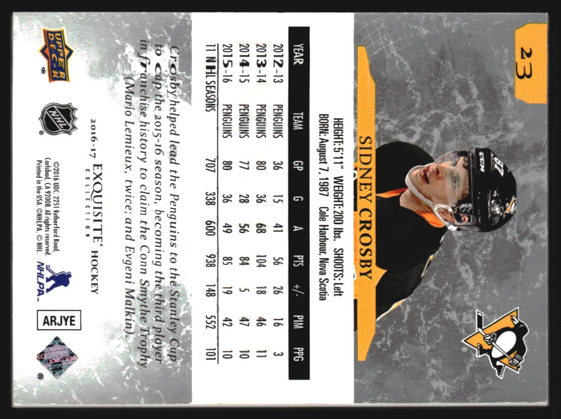 2016-17 Exquisite Collection #23 Sidney Crosby