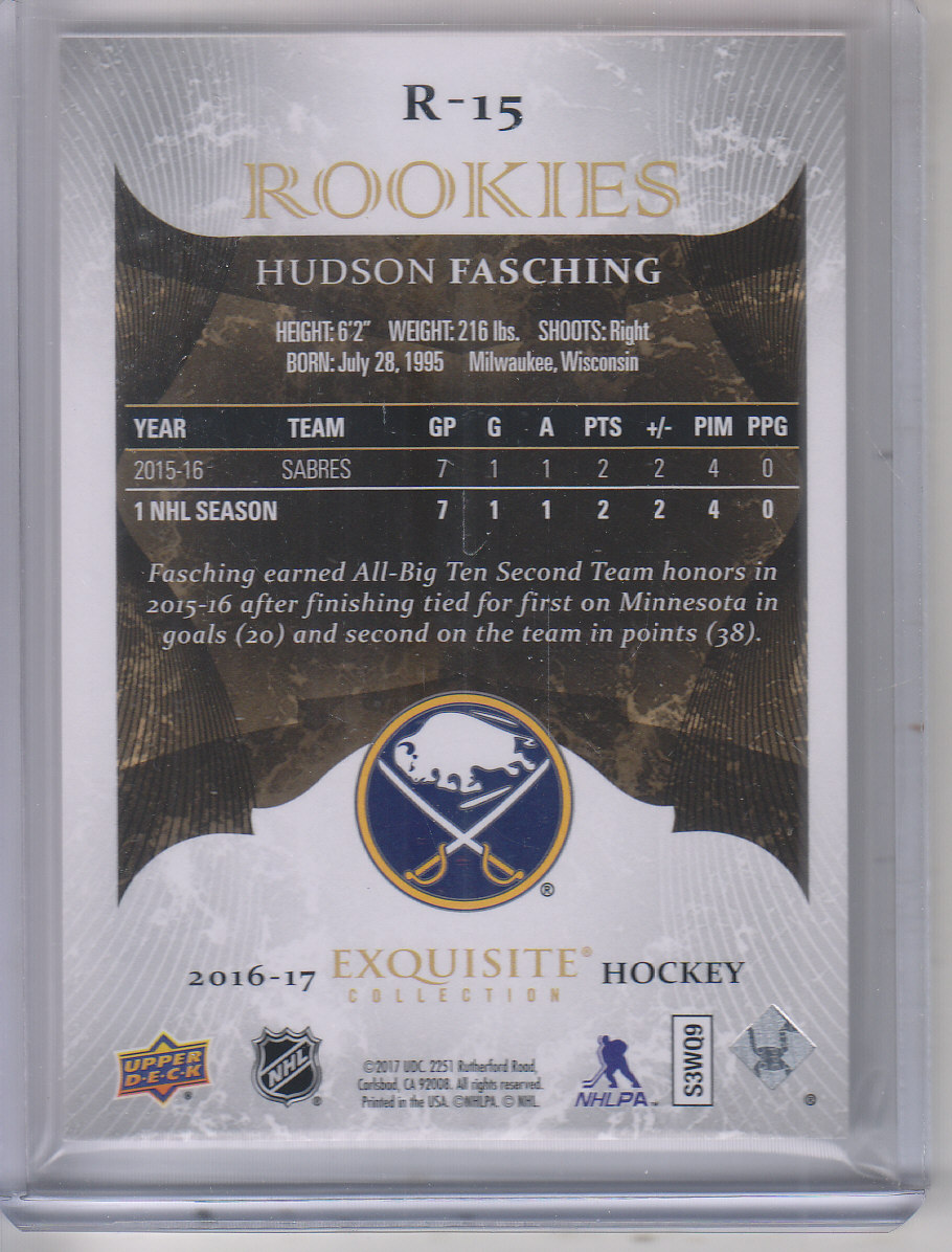 2016-17 Exquisite Collection Gold Rookies #R15 Hudson Fasching/299 back image