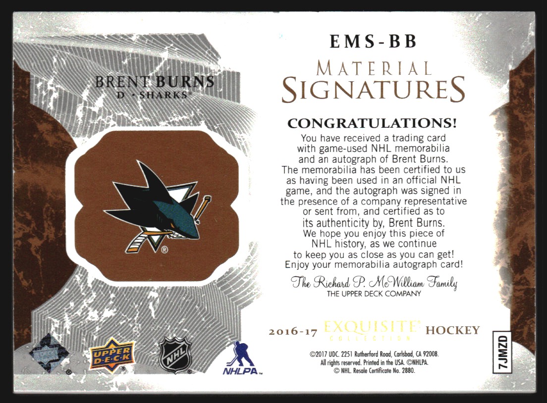 2016-17 Exquisite Collection Material Signatures #EMSBB Brent Burns