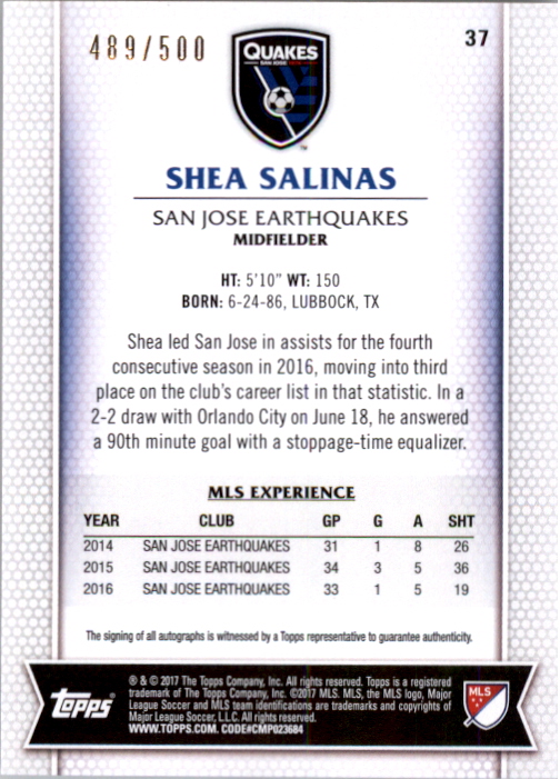 2017 Topps MLS Autographs #37 Shea Salinas/500 back image