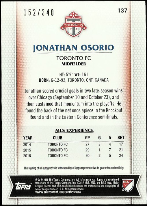 2017 Topps MLS Autographs #137 Jonathan Osorio/340 back image
