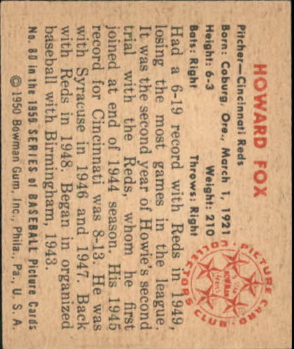 1950 Bowman # 80 Howard Fox   EX/MT   Cincinatti Reds back image