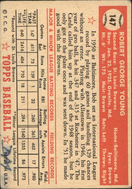 1952 Topps # 147 Bob Young   GOOD   St. Louis Browns back image