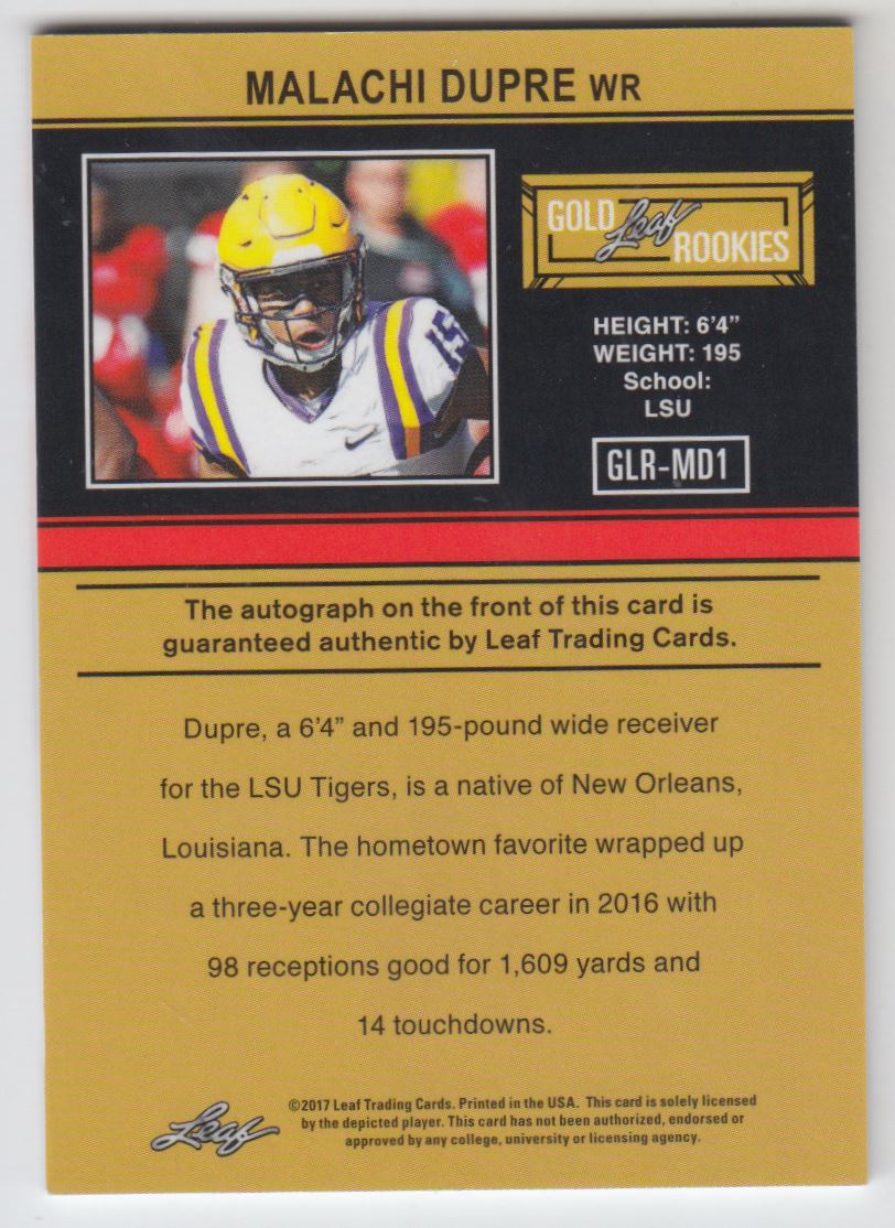 2017 Leaf Ultimate Draft '91 Rookie Autographs #GLRMD1 Malachi Dupre