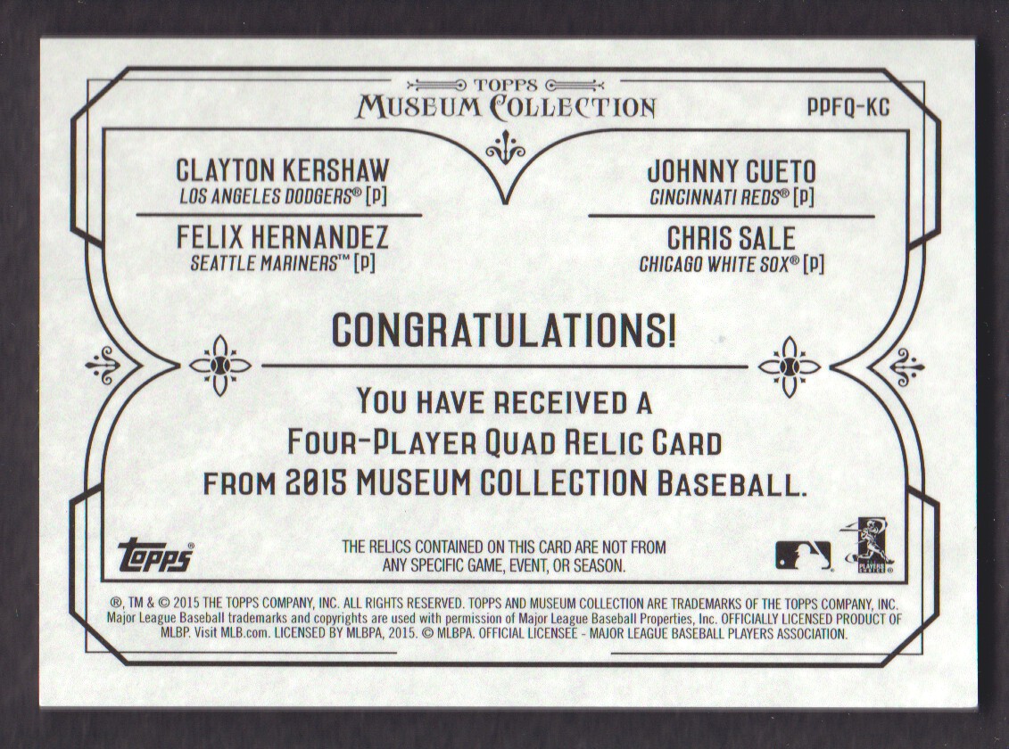 2015 Topps Museum Collection Primary Pieces Four Player Quad Relics Copper #PPFQKC Clayton Kershaw/Felix Hernandez/Johnny Cueto/Chris Sale back image