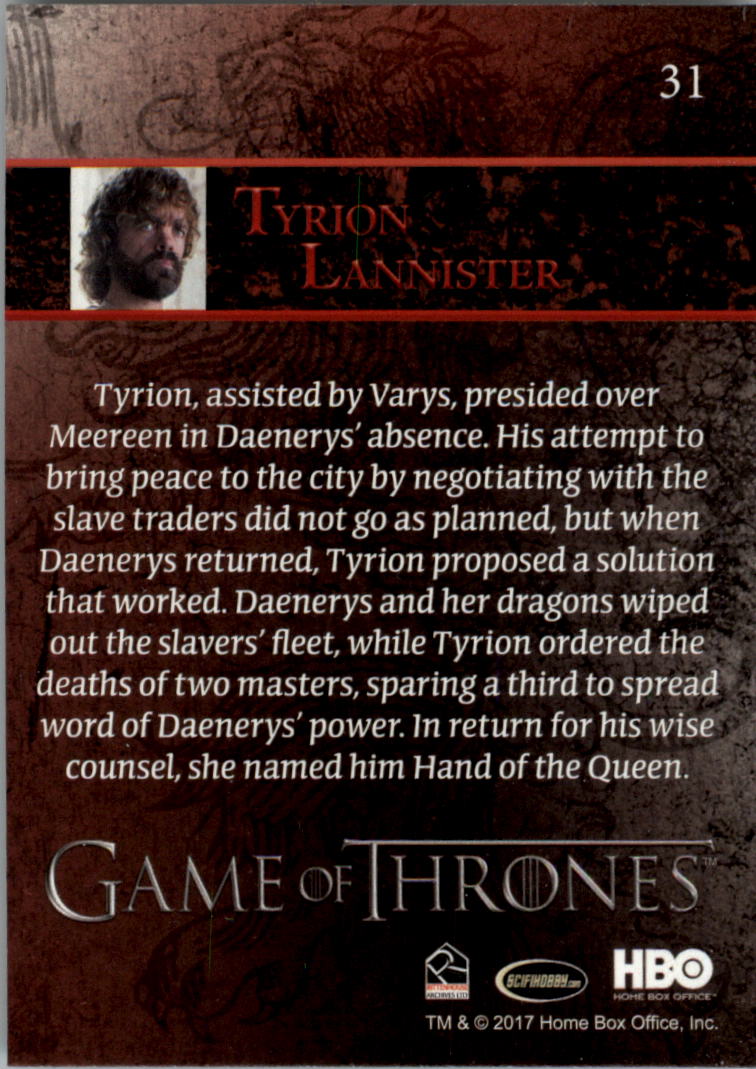 2017 Rittenhouse Game of Thrones Season Six #31 Tyrion Lannister back image