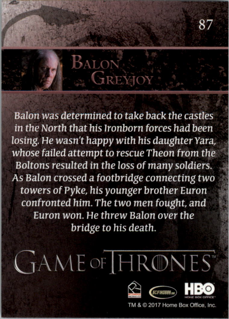 2017 Rittenhouse Game of Thrones Season Six #87 Balon Greyjoy back image