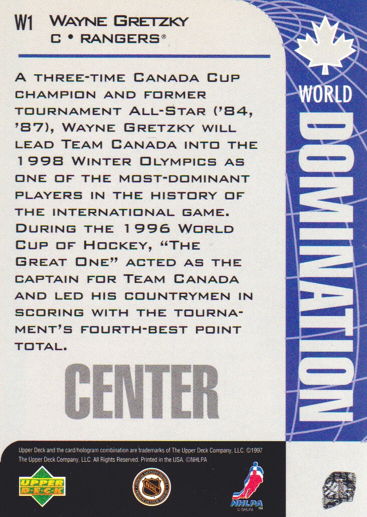 1997-98 Collector's Choice World Domination #W1 Wayne Gretzky back image