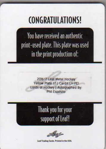 2016-17 Leaf Metal Lords of Hockey Printing Plates Yellow #LHPE1 Phil Esposito back image