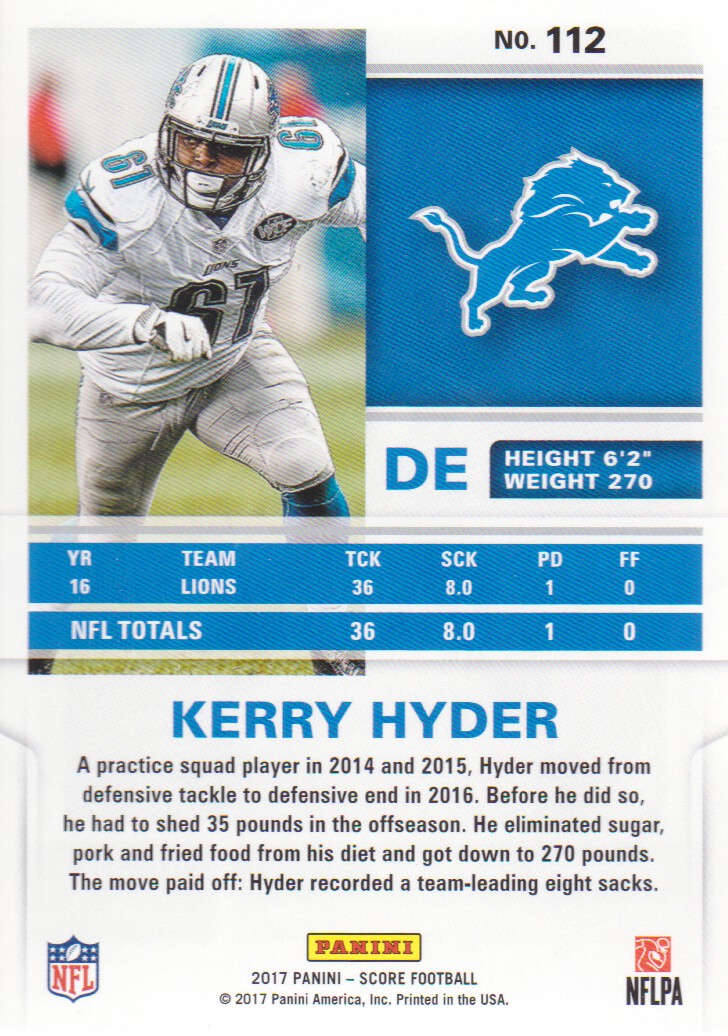 2017 Score #112 Kerry Hyder RC back image