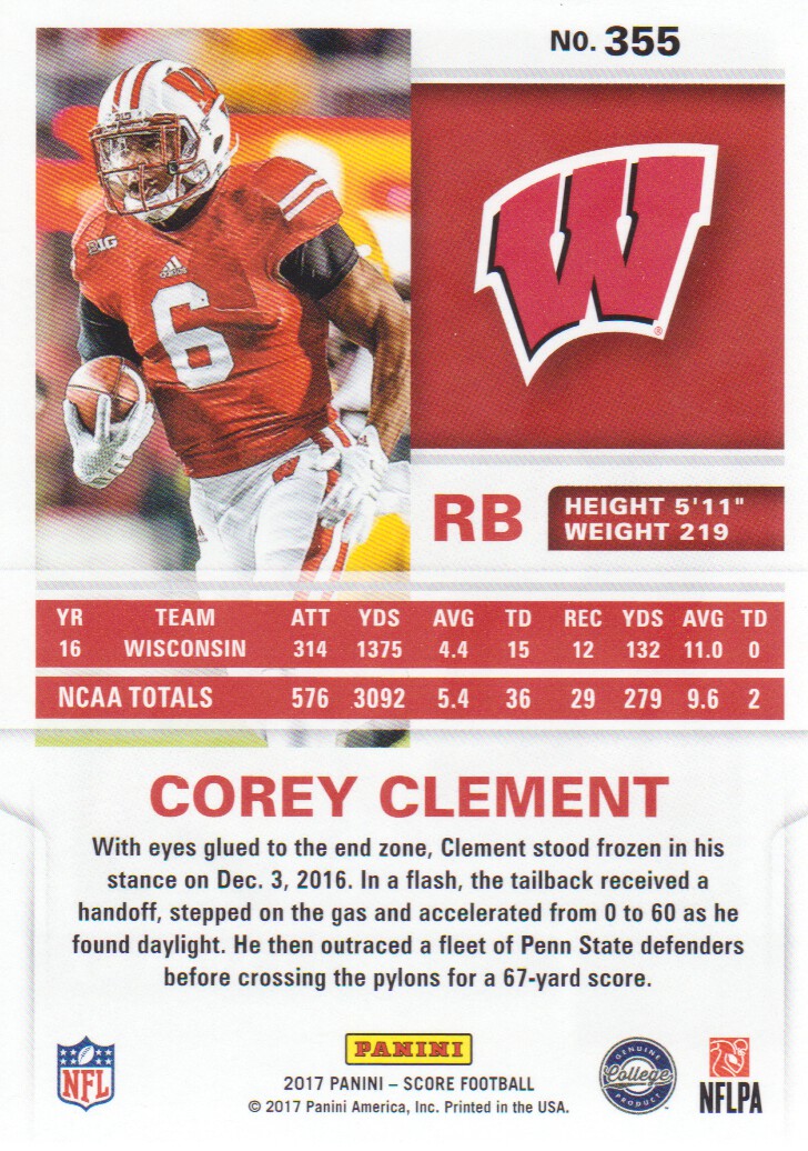 2017 Score #355 Corey Clement RC back image