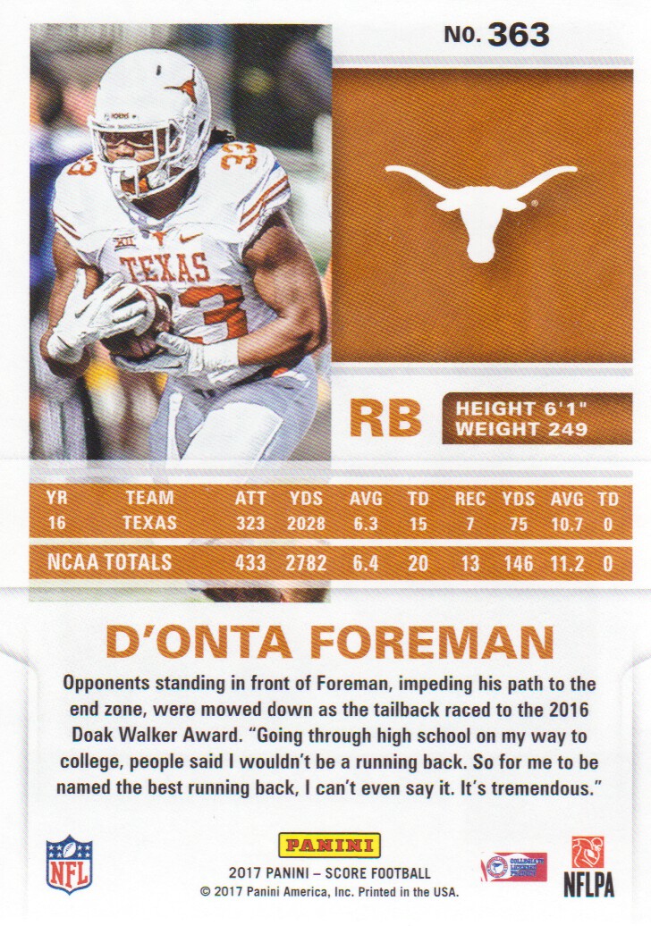 2017 Score #363 D'Onta Foreman RC back image
