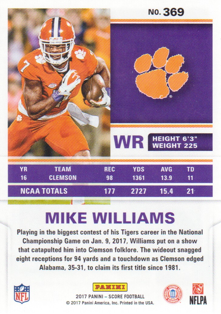 2017 Score #369 Mike Williams RC back image
