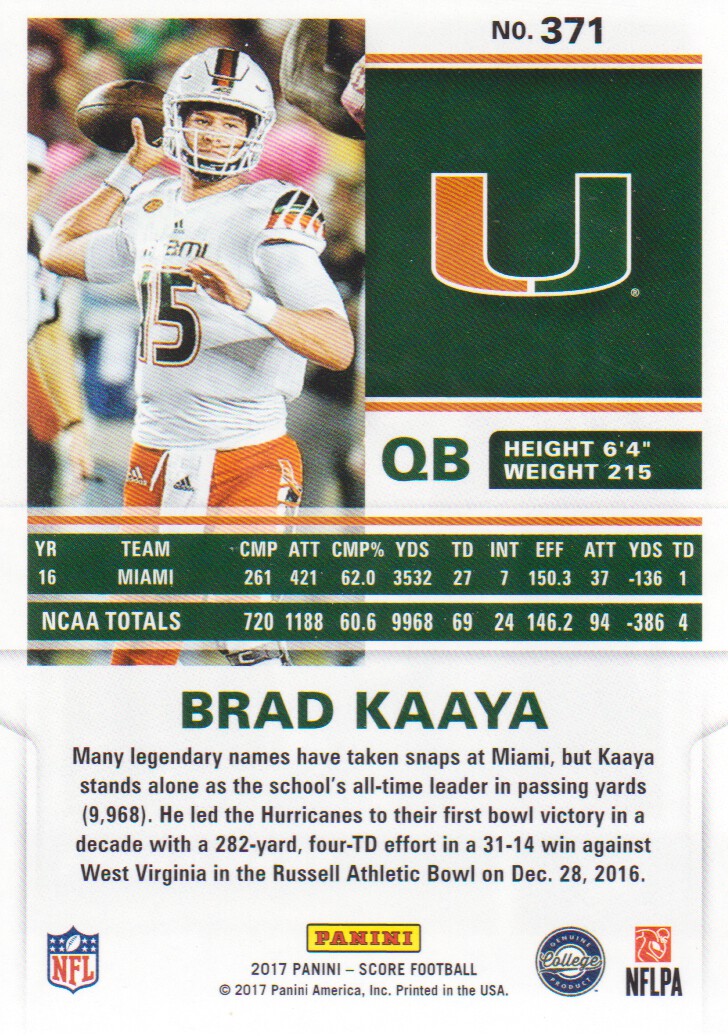 2017 Score #371 Brad Kaaya RC back image