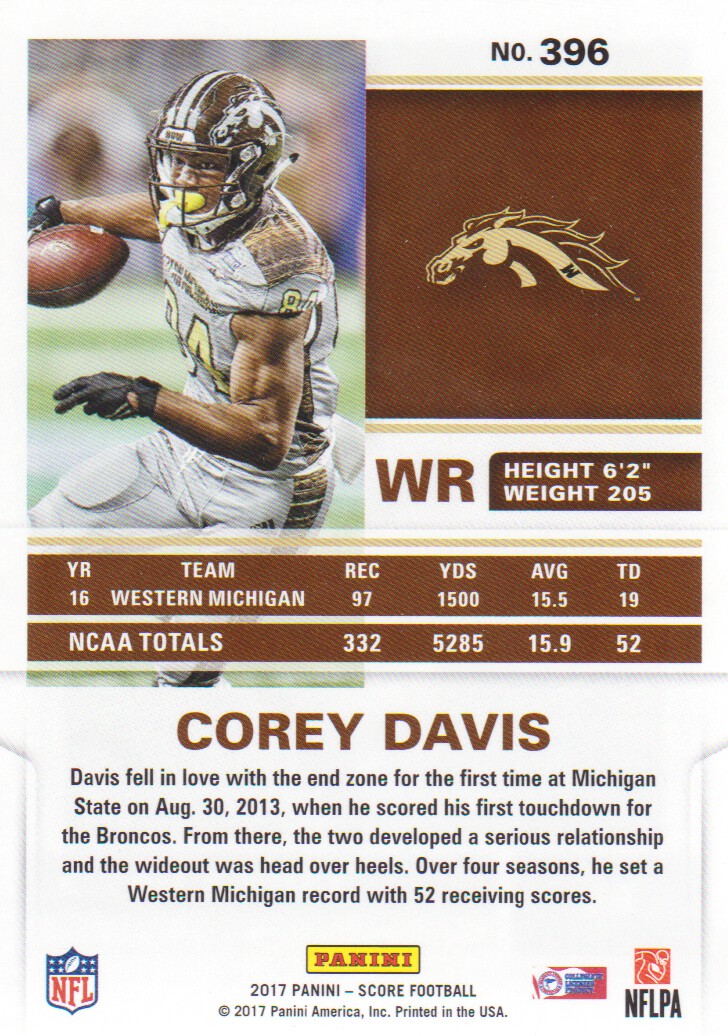 2017 Score #396 Corey Davis RC back image