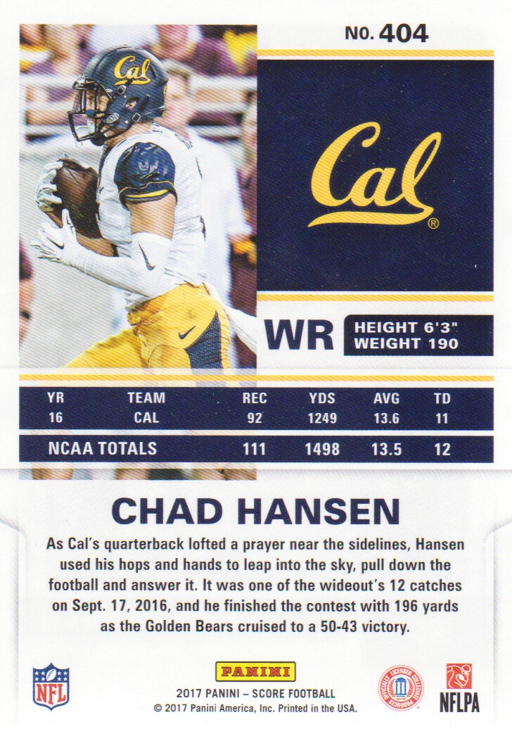 2017 Score #404 Chad Hansen RC back image