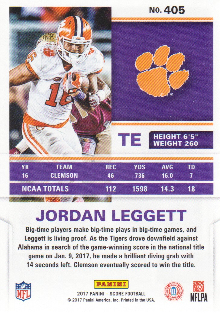 2017 Score #405 Jordan Leggett RC back image