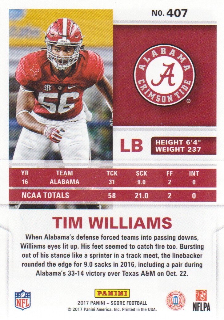 2017 Score #407 Tim Williams RC back image