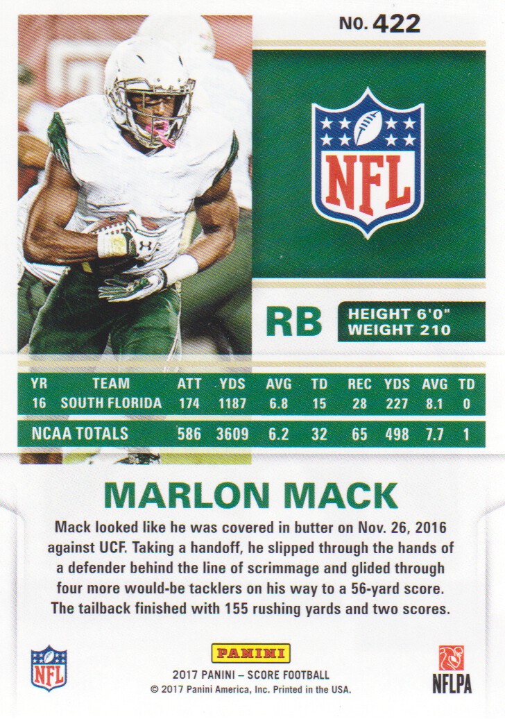 2017 Score #422 Marlon Mack RC back image