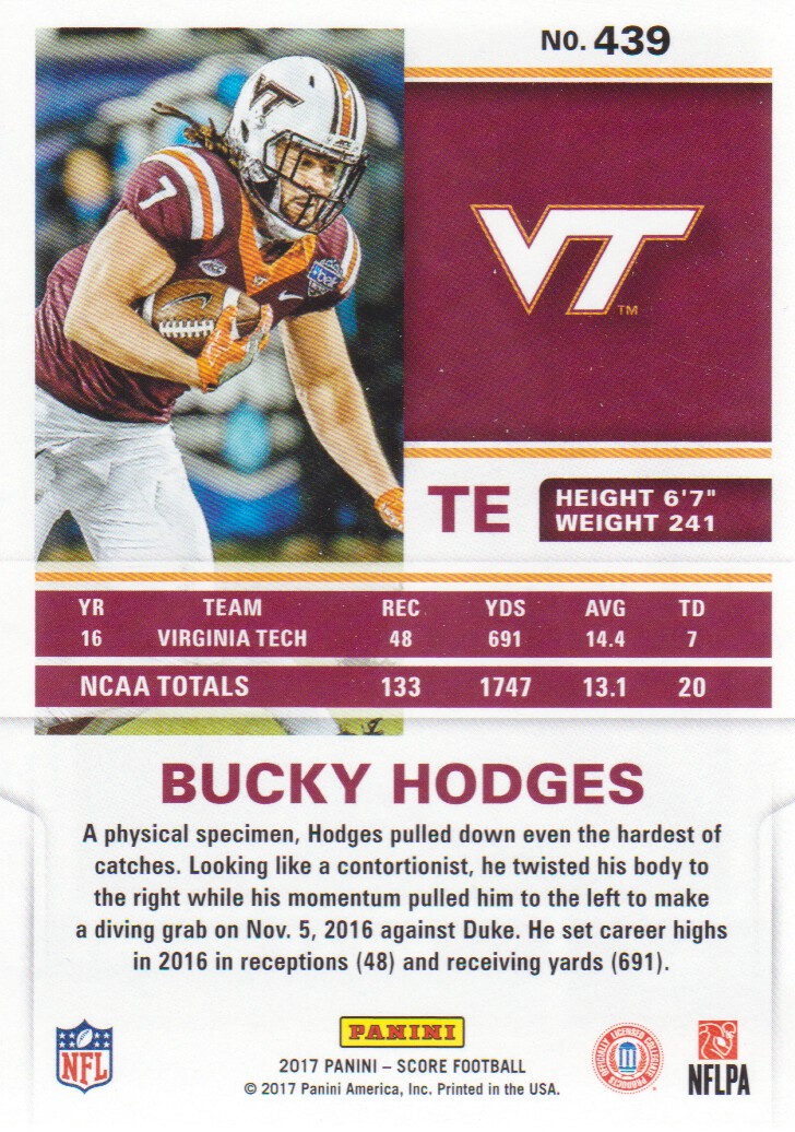 2017 Score #439 Bucky Hodges RC back image