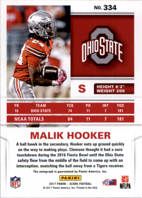2017 Score Rookie Autographs Red Zone #334 Malik Hooker back image