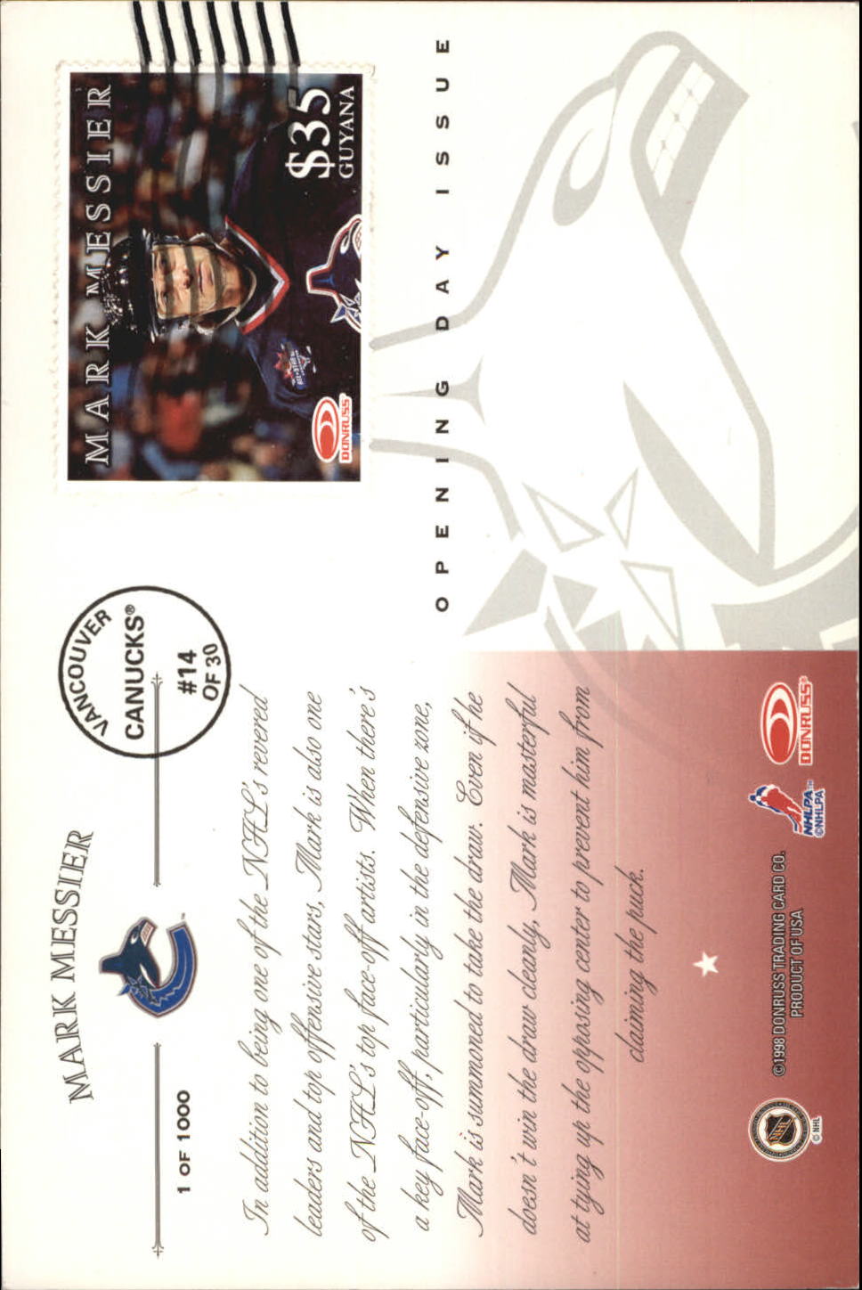 1997-98 Donruss Priority Postcards Opening Day Issues #14 Mark Messier back image