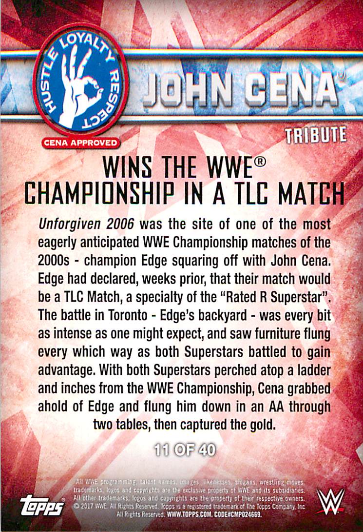 2017 Topps WWE John Cena Tribute #11 Wins the WWE Championship in a TLC Match back image