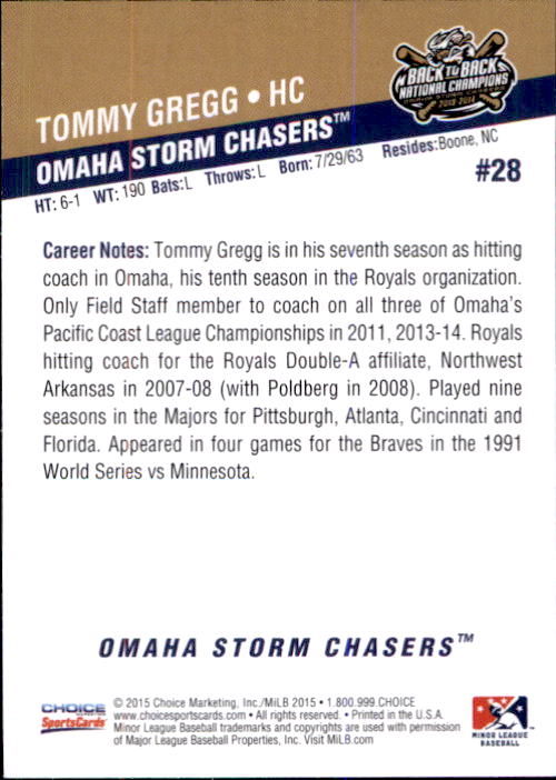 2015 Omaha Storm Chasers Choice #28 Tommy Gregg CO back image