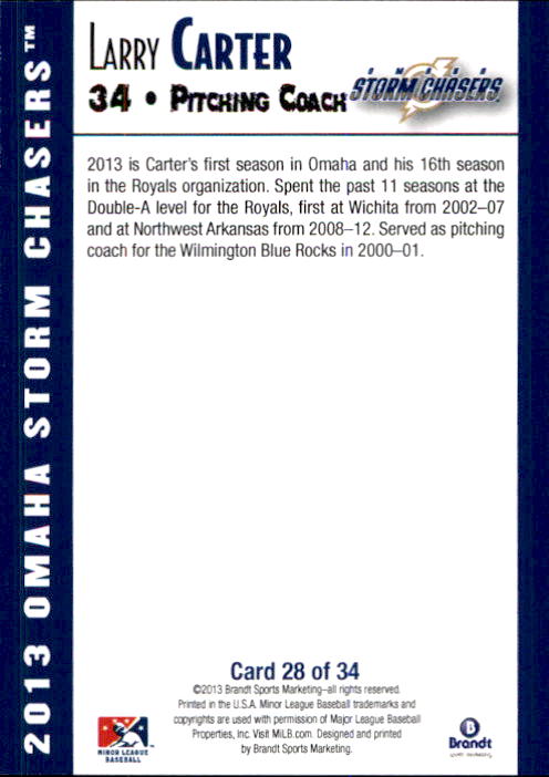2013 Omaha Storm Chasers Brandt #28 Larry Carter CO back image