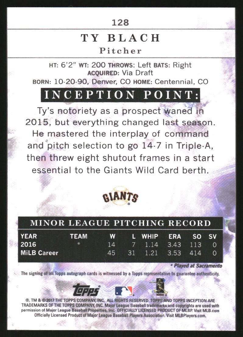 2017 Topps Inception #128 Ty Blach AU/299 RC back image