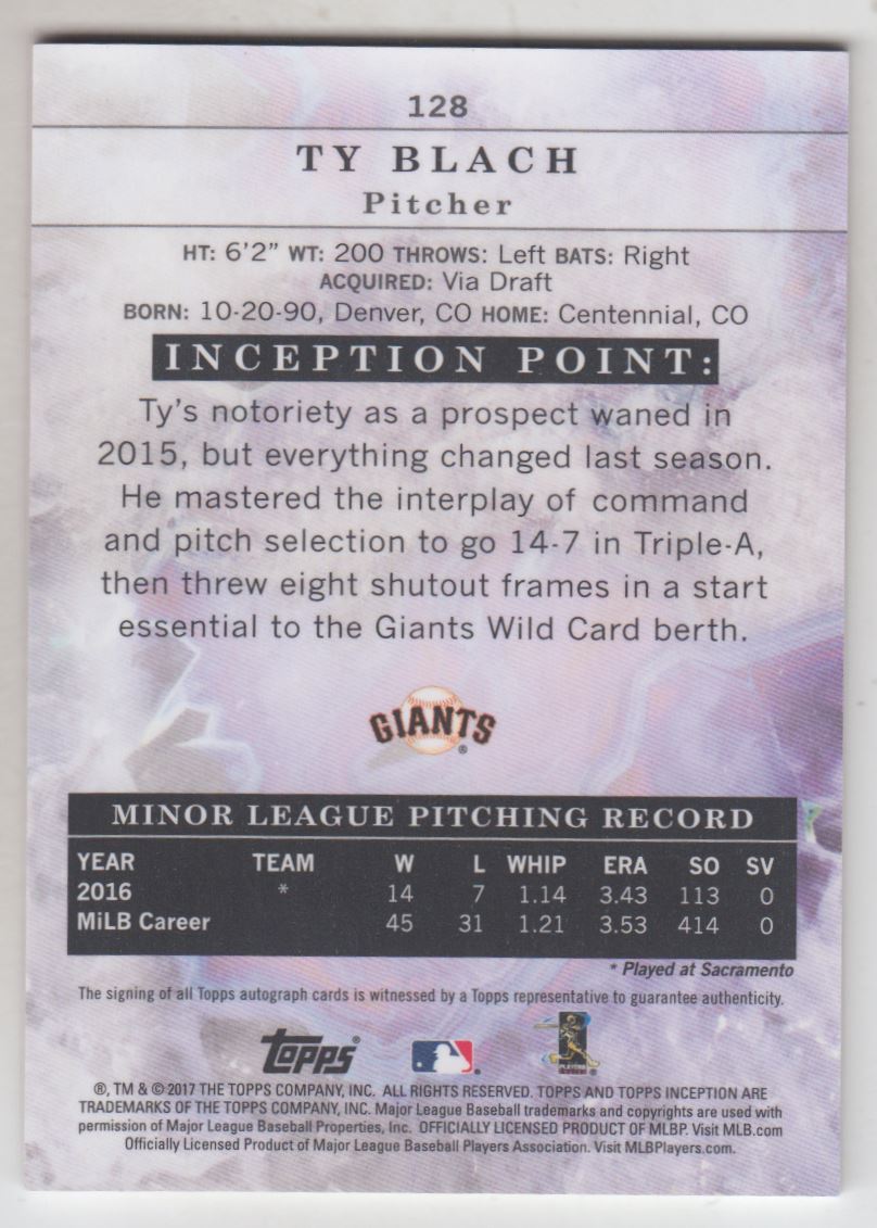 2017 Topps Inception Red #128 Ty Blach AU back image