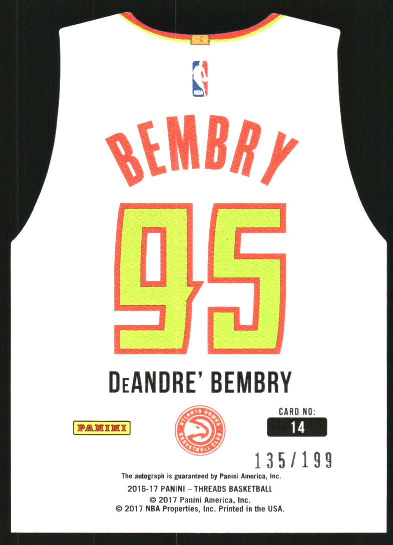 2016-17 Panini Threads Team Threads Rookie Die Cuts Autographs #14 DeAndre' Bembry