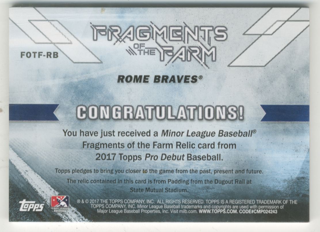 2017 Topps Pro Debut Fragments of The Farm Relics #FOTFRB State Mutual Stadium Dugout Railing Pad back image