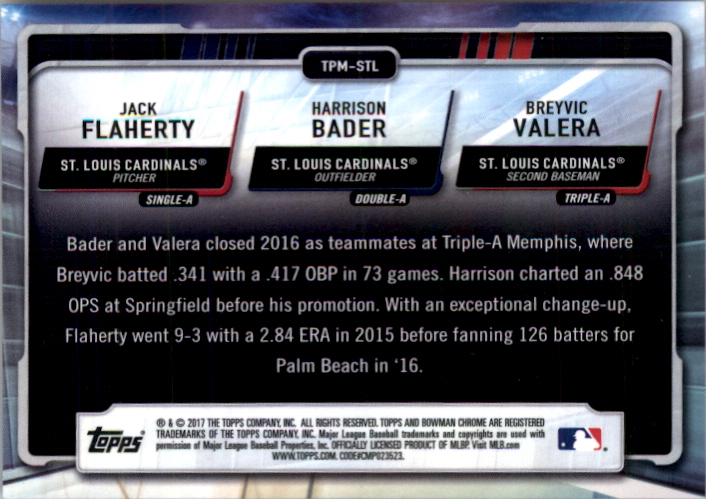 2017 Bowman Chrome Mega Box Talent Pipeline Refractors #TPSTL Jack Flaherty/Harrison Bader/Breyvic Valera