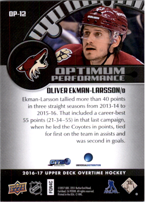 2016-17 Upper Deck Overtime Optimum Performance #OP12 Oliver Ekman-Larsson