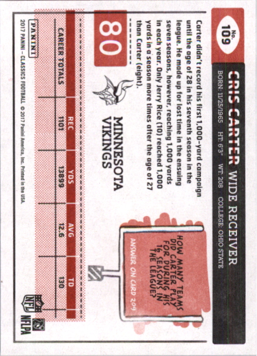 2017 Classics Red Back #109 Cris Carter back image